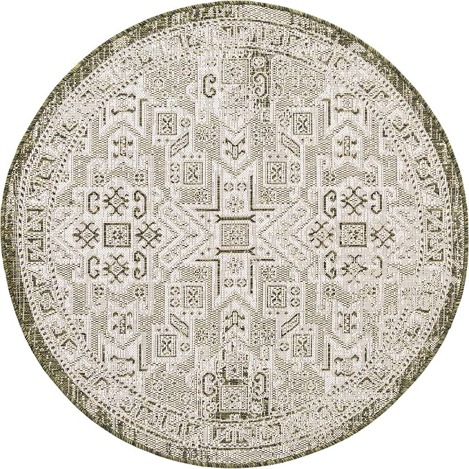 Unique Loom Outdoor Aztec Collection Area Rug - Coba (4' 1" Round, Green/ Ivory)