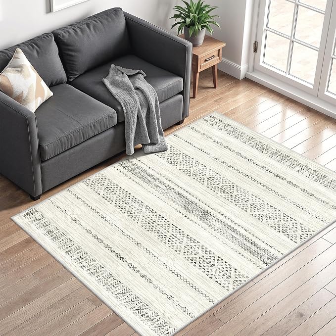 Miukiki 3x5 Washable Area Rug Moroccan Soft Non Slip Entryway Rug Grey | Machine Washable 3x5 Rug for Bedroom Kitchen Living Room, Low Pile Indoor Floor Carpet with Vintage Pattern