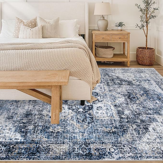 Area Rug 6x9 Washable Rug, Vintage Boho Medallion Rugs Non-Slip Soft Low Pile Large Distressed Rug Indoor Retro Carpet for Living Room Bedroom Dining Room Home Office (Blue, 6'x9')