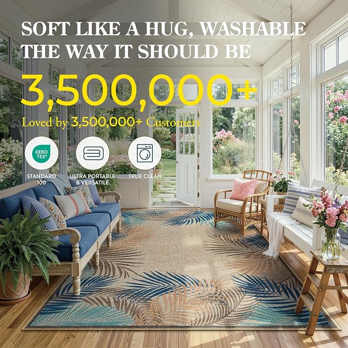 LIVEBOX Modern Easy Jute 5x7 Outdoor Rug, Washable Area Rugs for Living Room Patio Tropical Leaf Indoor Outdoor Rug, Boho Farmhouse Non Slip Carpet for Backyard Foyer Dining Room(Olive, 5'x7')