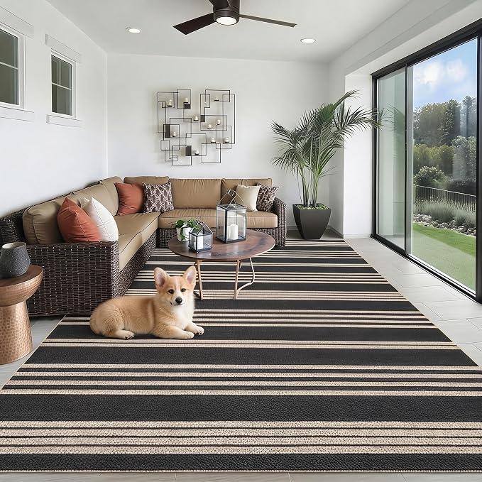Garvee 8x10 Easy Jute Washable Rugs for Living Room, Black & Natural | Modern Line Print Area Rug Stain Resistant Easy Cleaning Throw Rugs Low Pile Floor Cover for Nursery Dining Room Apartment