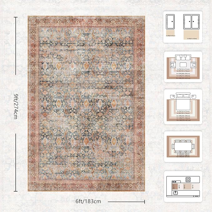 6x9 Area Rugs - Washable Vintage Retro Living Room Rug, Soft Ultra Thin Non Slip Low Pile Traditional Distressed Boho Carpet for Bedroom Dining Room Nursery Home Office, Rust Clay