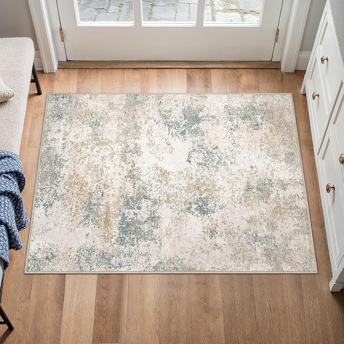 2x3 Beige Blue Modern Abstract Washable Area Rug for Entryway | Low Pile, Non Slip, Modern Abstract Style, Soft Indoor Rug for Entryway, Kitchen, Bathroom, Door Mat, Home Decor