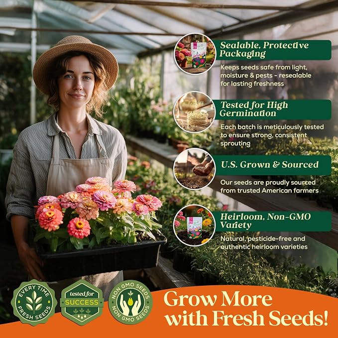 Seedphony Zinnia Seeds Pack 1 oz - 3,800 Non-GMO Heirloom Zinnia Seeds for Planting, Perennial Flowers in Waterproof Seed Packet, Wildflower Seeds for Planting Garden Indoor & Outdoor Gardening
