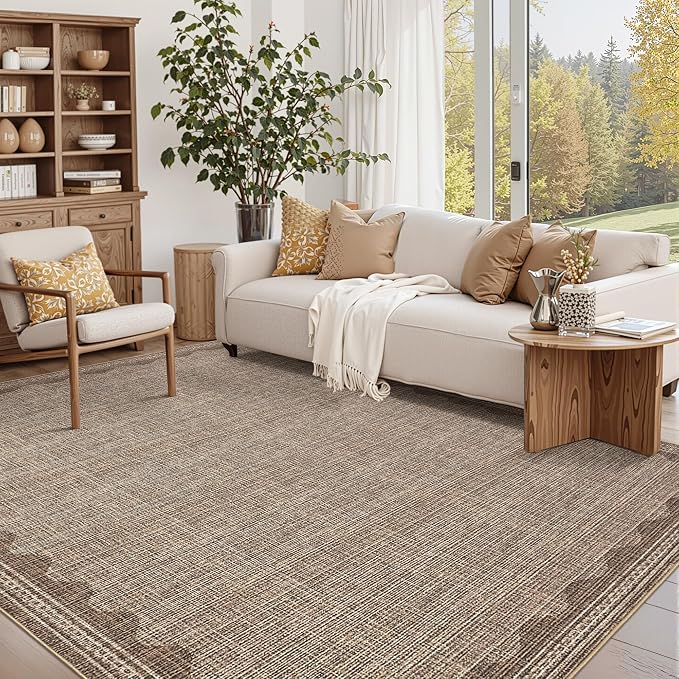 Garvee Modern Bordered Rugs for Living Room 8x10 Large Washable Rug Coffee | Non Slip Low Pile Soft Carpet Foldable Non Shedding Stain Resistant Floor Cover for Bedroom Playroom Nursery Office Dorm
