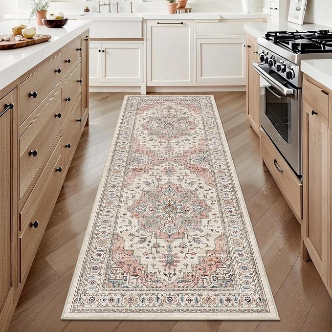 2x6 Vintage Runner Rug Low Pile Non-Slip Washable Kitchen Rug | Retro Distressed Print Rug Non-Shedding Beige Pink Carpet Stain Resistant Long Rug for Hallway Kitchen Bedroom Laundry Room