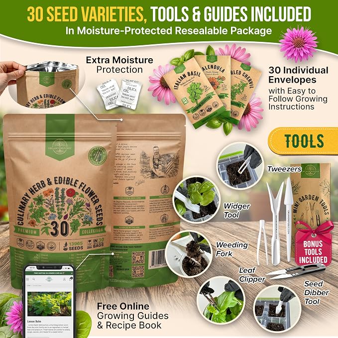 Organo Republic 30 Culinary Herbs & Edible Flower Seed Variety Pack- Indoor/Outdoor. 14000+ Non-GMO Heirloom Flower Seeds: Basil, Borage, Echinacea, Lavender, Oregano, Rosemary Seeds & More