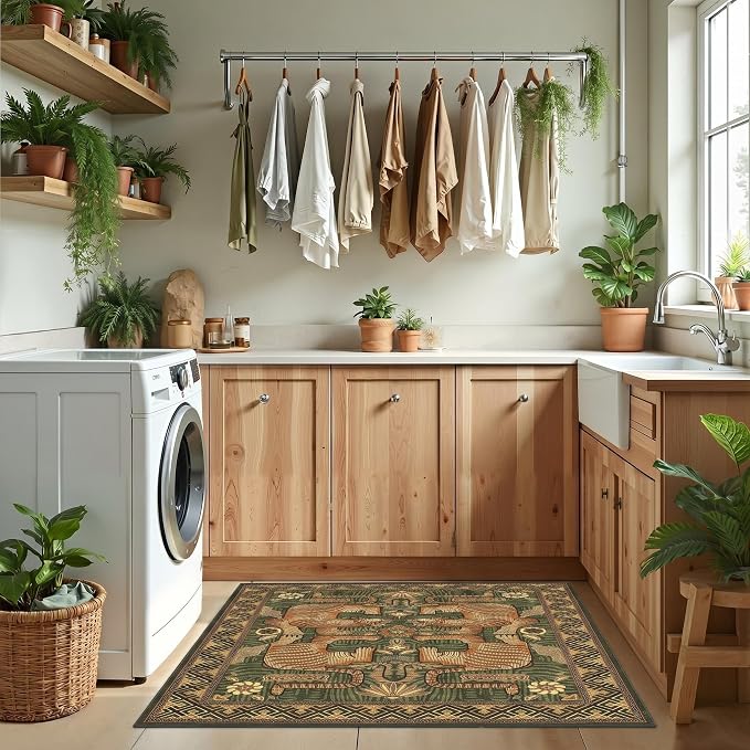 GarveeHome Boho Tiger Entryway Rug, 2x3 Vintage Tribal Washable Front Door Rug Indoor Entrance Green Animal Carpet Non-Slip Throw Rugs for Kitchen Floor, Powder Room, Entry, Bathroom, Kids Room