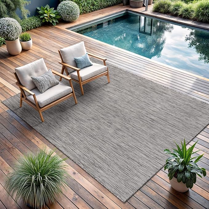 CAMILSON Outdoor Rug 9x12 Modern Area Rugs for Large Indoor and Outdoor Patios and Porches - Waterproof, Washable, Non-Shedding, Easy-to-Clean Outside Carpet (9 x 12, Solid - Silver Gray)