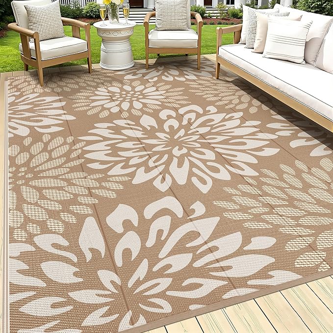 HEBE Waterproof Outdoor Rug 8x10 for Patios, Floral Reversible Plastic Straw Rug Patio Mat, Indoor Outdoor Carpet RV Mat Camping Rug for Deck, Camper, Porch, Balcony, Backyard, Picnic