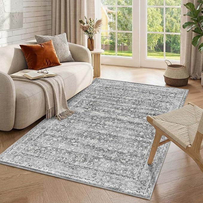 Latte&Fog 4x6 Area Rugs for Living Room, Vintage Washable Grey Rug | Non Slip Low Pile Soft Floral Cute Carpet for Dining Kitchen Kids Playroom Nursery Guest Room Classroom Dorm Farmhouse Office