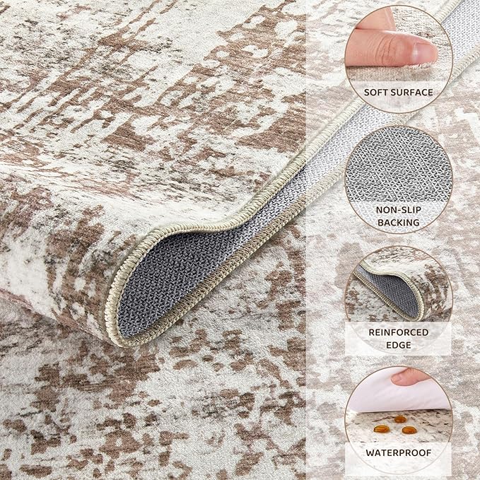 UERMEI 7x9 Area Rug Living Room Rugs - Washable Neutral Modern Abstract Soft Thin Rug Indoor Floor No Slip Rug Carpet for Bedroom Under Dining Table Home Office Decor - Brown/Grey/Red
