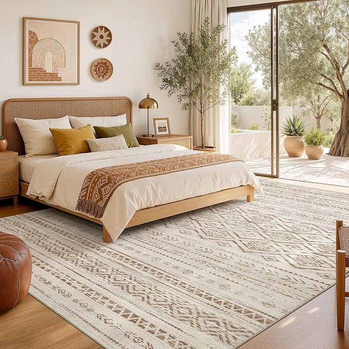 Nakagishi Area Rug Living Room Rugs: 10x14 Large Soft Machine Washable Boho Moroccan FarmNeutral Stain Resistant Indoor Floor Carpet for Bedroom Under Dining Table Home Office Decor-Brown