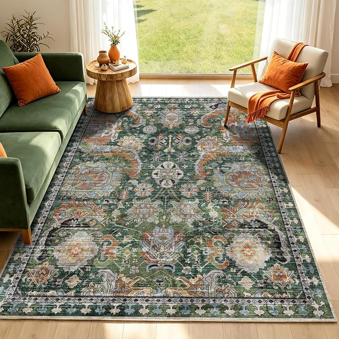 Washable Area Rugs - Perfect for Living Room, Bedroom, Kids Room, Nursery - Stain & Water Resistant Non-Slip, Pet & Child Friendly, Vintage Tribal Area Rugs (Green, 6' x 9')