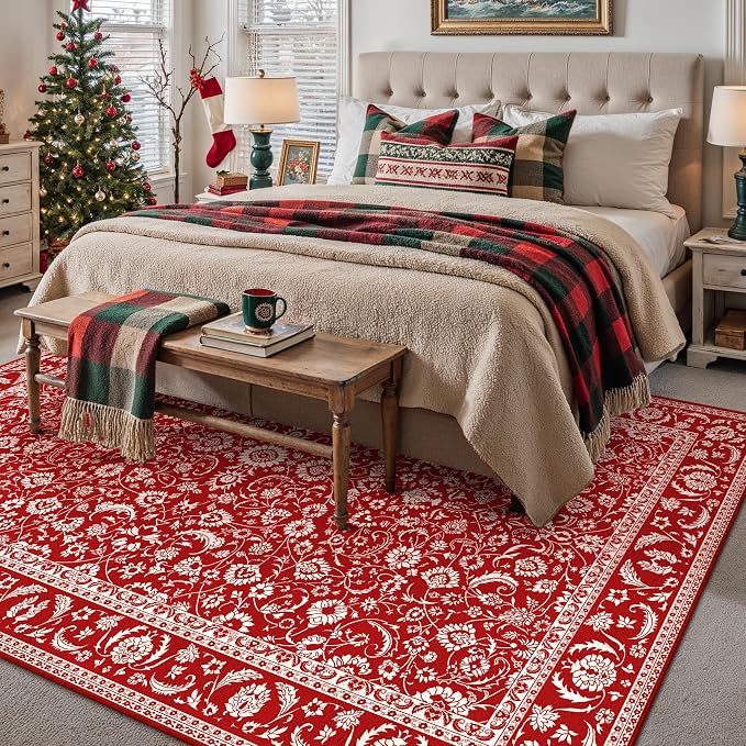 HUGEAR Vintage 6x9 Machine Washable Rugs Red Hallway Large Area Rug Indoor Accent Rug Floral Low Pile Carpet Soft Throw Aesthetic Rug Bedroom Living Room Office Dining Room Kitchen Laundry Room