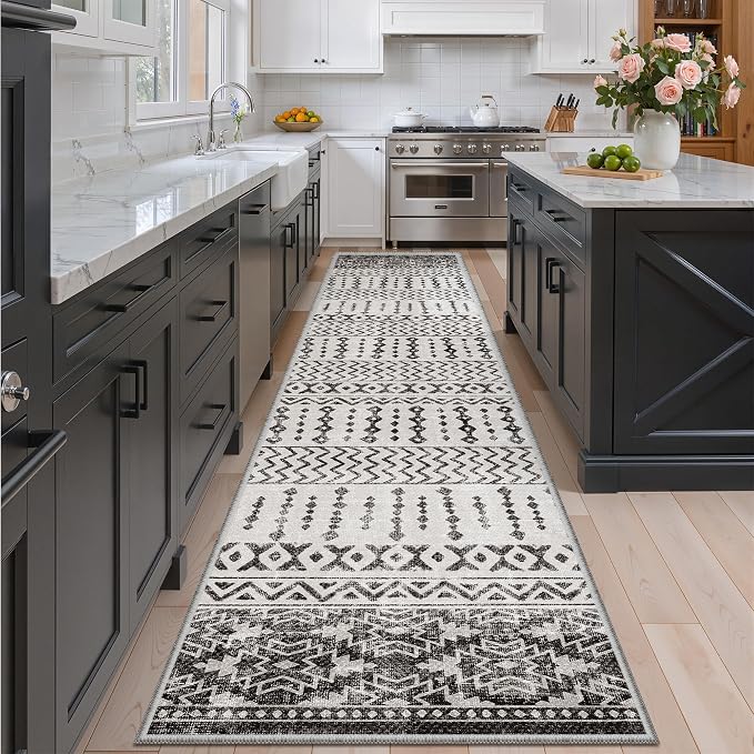 Art&Tuft 2x10 Runner Rug Non Slip, Washable Rug Runners for Hallways,Black | Low Pile, Moroccan Soft & Lighweight, Folable, Stain Resistant 10ft Carpet Runners for Entryway,Kitchen,Living Room,Bedroom