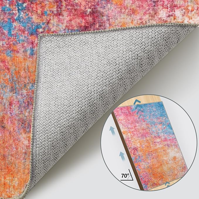 Tangsoo Colorful Abstract 3x5 Washable AreaRug, Modern Non Slip Accent Rugs | Contemporary Indoor Print Carpet, Soft Low Pile Foldable Rugs for Living Room Bedroom Bedside Entryway Orange Pink Home Decor