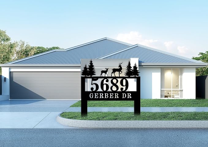 Personalized Deer Address Yard Stake with Pine Trees, Custom Metal Yard Signs with Stakes, Personalized Address Signs for Yard, House Number Signs for Yard