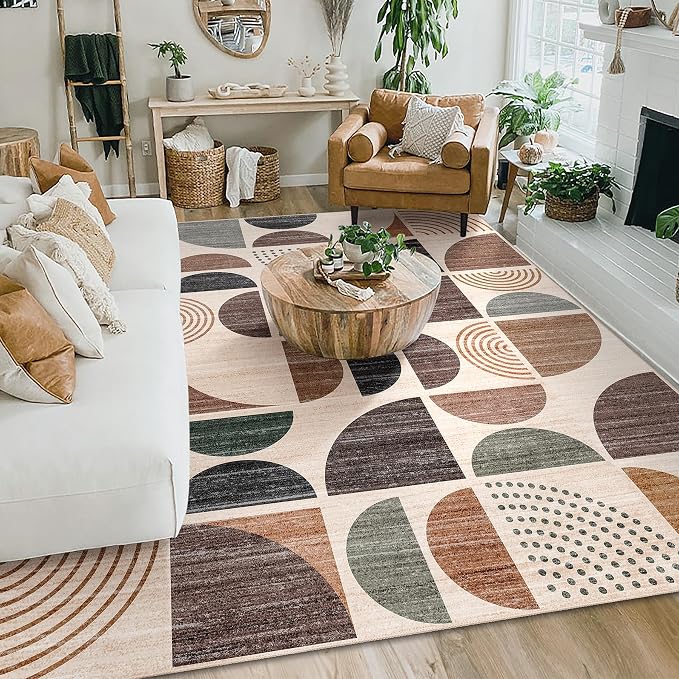 Washable Rug 8x10,Large Area Rugs Non Slip Modern Abstract | Throw Carpet for Living Room Bedroom Bedside Dining Room Boho Soft Low Pile Floor Indoor Bohemian Brown