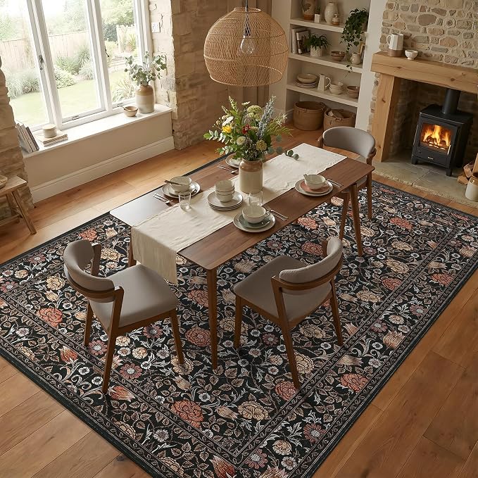 GarveeHome Dark Brown Floral 6x9 Area Rug for Bedroom Living Room | Washable Dinning Room Dorm Office Rug Vintage Boho Rugs Low-Pile Non-Slip Stain Resistant TPE Backing