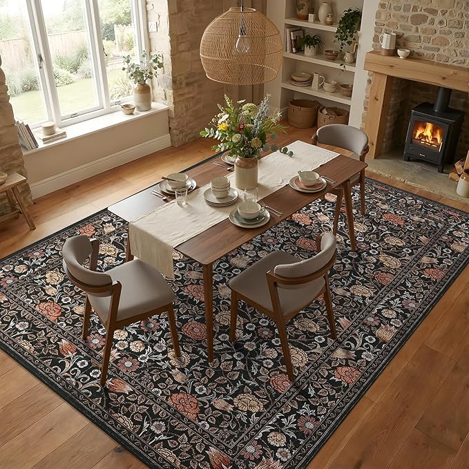 GarveeHome Dark Brown Floral 8x10 Area Rugs for Living Room Bedroom | Large Washable Dinning Room Dorm Office Rug Vintage Boho Rugs Low-Pile Non-Slip Stain Resistant TPE Backing