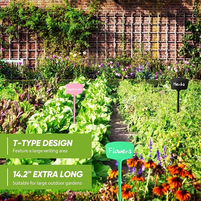 Colingmill 50 Pcs 14.2 Inch Plastic Plant Labels Tags T Type Plant Markers with Pen for Outdoor Indoor Garden Pot Herbs Flowers Vegetable(Multicolor)