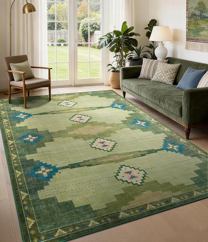 YIHOUSE 6’x9’ Washable Green Mid Century Modern Area Rug for Living Room | Soft, Non-Slip, Low Pile, Funky Retro Aztec Rug for Bedroom Dining Room Playroom, Green