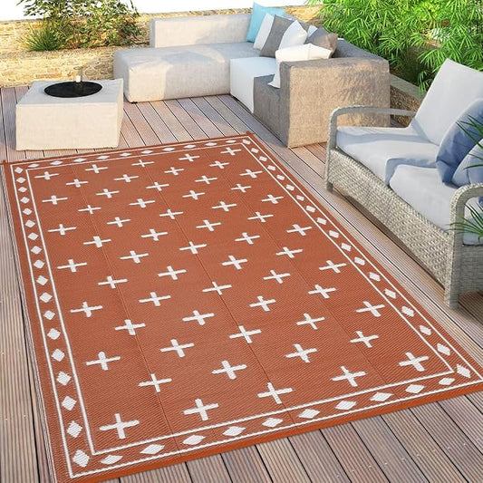 Waterproof Outdoor Rug 8x10, Modern Reversible Plastic Straw Patio Camping Rugs, Outdoor Indoor RV Mat Carpet for Patio, Outside Entry, Backyard, Deck, Bench, Picnic, Camper，Orange/White