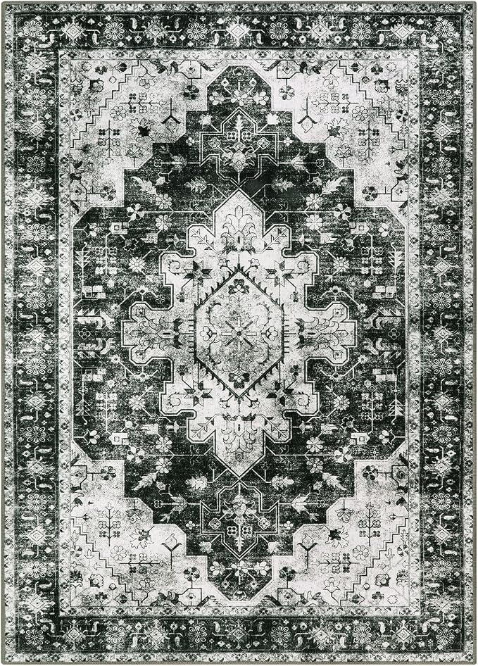 Moynesa Ultra-Thin Washable Vintage 5x7 Area Rugs - Large Boho Living Room Rug Non-Slip Non-Shedding Stain Resistant Indoor Floor Carpet for Bedroom Dining Room Entryway, Black/White