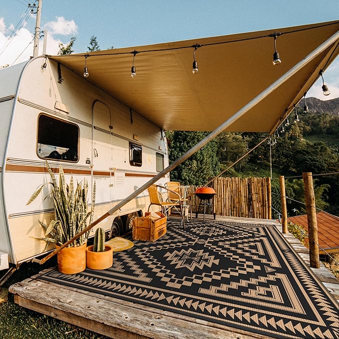 GENIMO Outdoor Rug for Patio Clearance - 10x14 ft Waterproof Plastic Camping Rugs, Reversible Outside Rv Mat Carpet for Porch, Deck, Picnic, Balcony, Beach, Backyard, Black Brown
