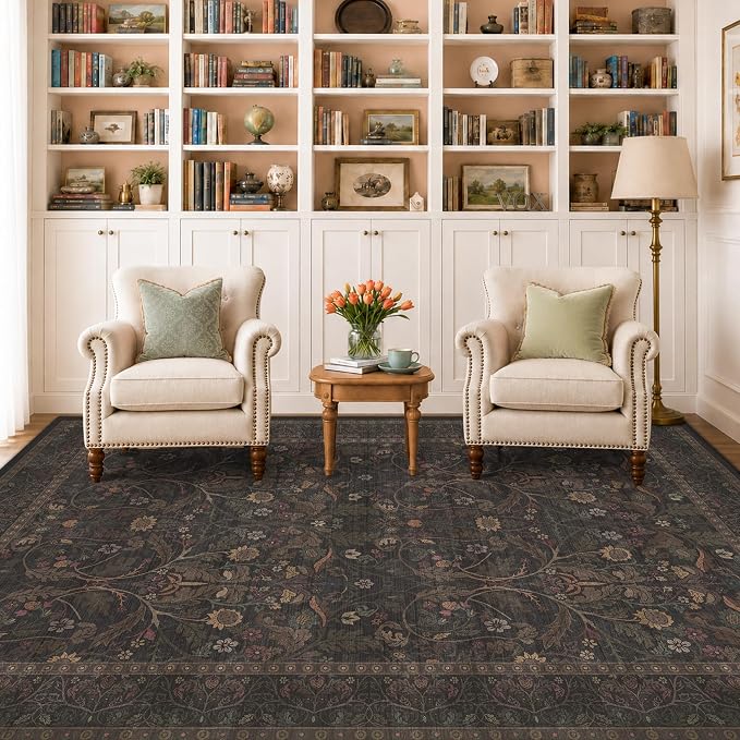 6x9 Dining Room Rugs for Under Table, Washable Carpet Living Room, Dark Brown Low Plie Woodland Soft Bedroom Carpet, Non Slip Floral Funky Dark Academia Rug