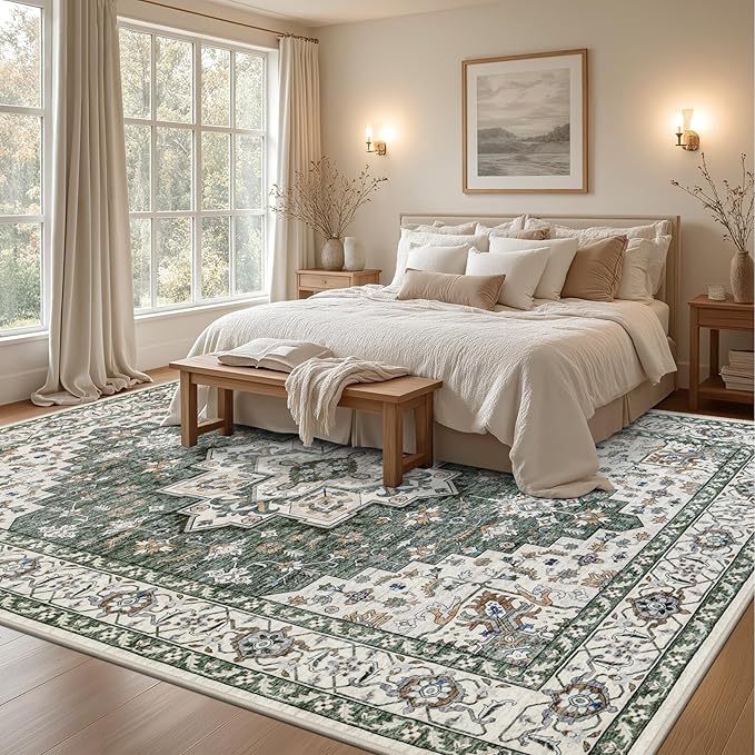 10x12 Area Rugs Living Room: Washable Rug for Bedroom Green Ivory | Vintage No Slip Stain Resistant Rug Soft Indoor Decor Floor Floral Area Rugs for Dining Room, Nursery, Hallway, Home Office
