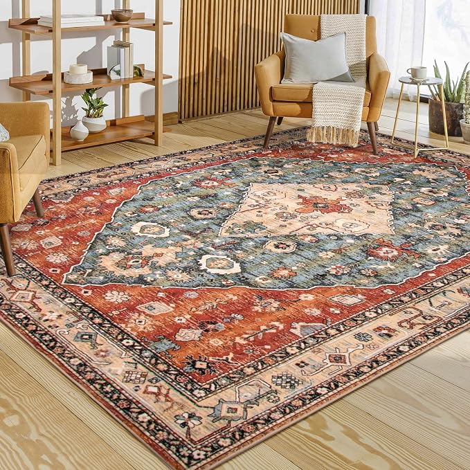 Lahome Boho Tribal 8x10 Area Rugs for Living Room, 8 x 10 Washable Rug for Bedroom Aesthetic, Large Oriental Vintage Soft Dining Room Carpet for Under Table Playroom (Rust/Dull Teal,8x10ft)