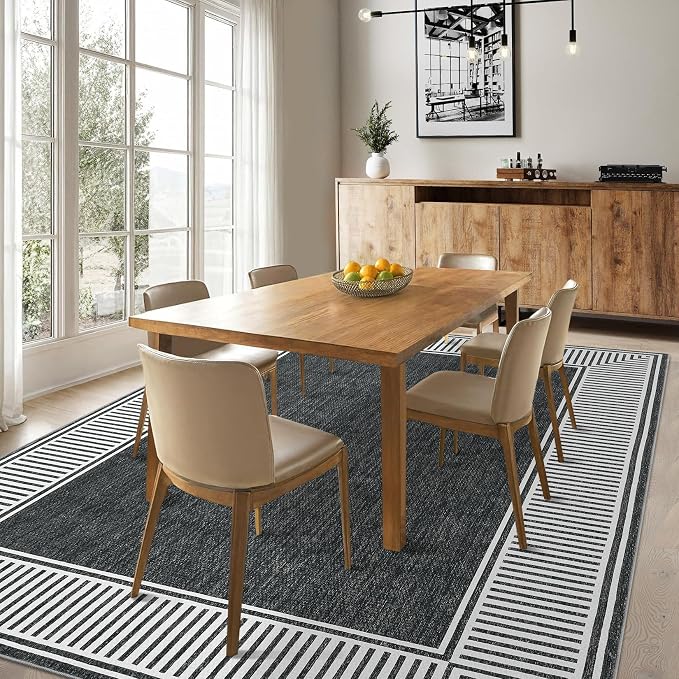 GarveeHome Washable Rug 5x7 for Bedroom Large Non Slip Living Room Rugs | Casual Striped Border Throw Carpet Modern Contemporary Area Rug for Dining Room Nursery Entry, Black