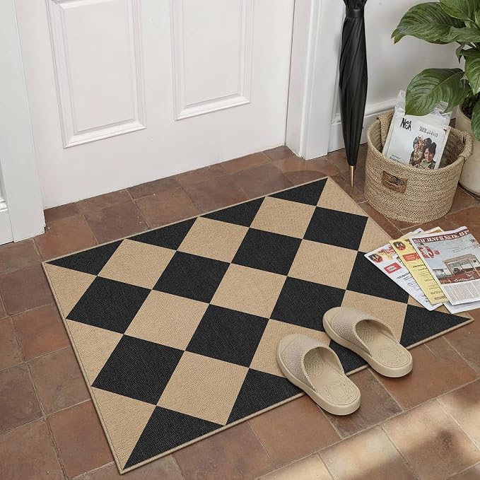 PureCozy 2x3 Checkered Easy Jute Kitchen Front Doormat Non Slip Washable Neutral Area Rug Diamond Non Shedding Low Pile Black Checkerboard Floor Carpet for Farmhouse Entryway Porch Doorway