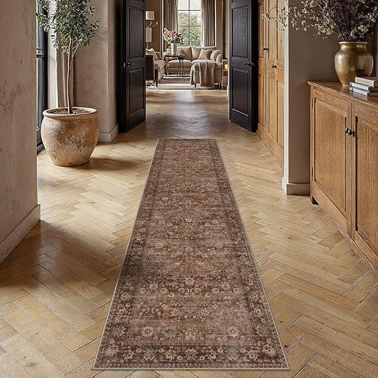 HUGEAR 2'6''x10 Runner Rug Machine Washable Brick Red Hallway Area Rug Indoor Accent Rugs Floral Low Pile Carpet Soft Throw Rugs Bedroom Living Room Office Dining Kitchen Laundry Non Slip