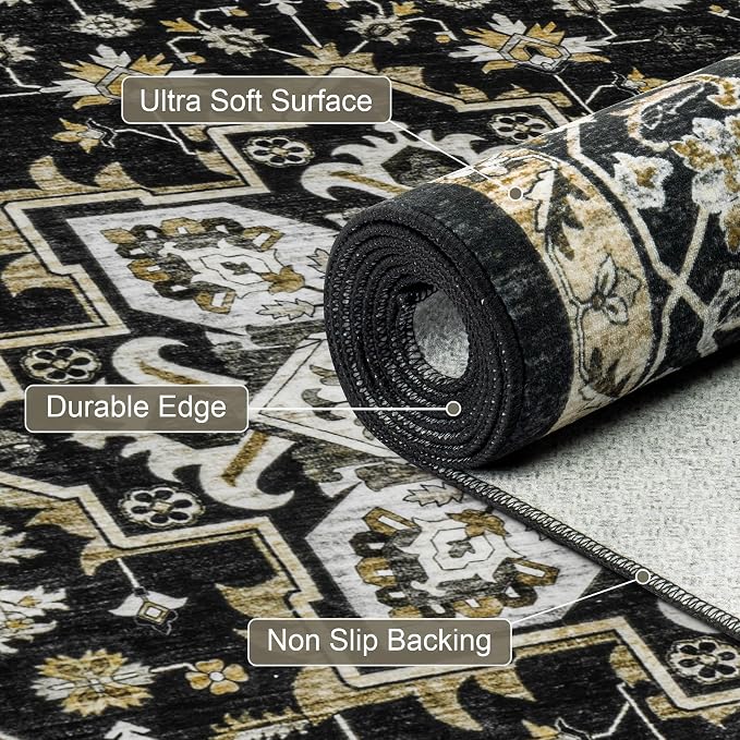 6x9 Area Rugs Living Room: Washable Rug for Bedroom Black Gold | Boho No Slip Stain Resistant Rug Soft Indoor Decor Floor Floral 6x9 Area Rugs for Dining Room, Nursery, Hallway, Home Office