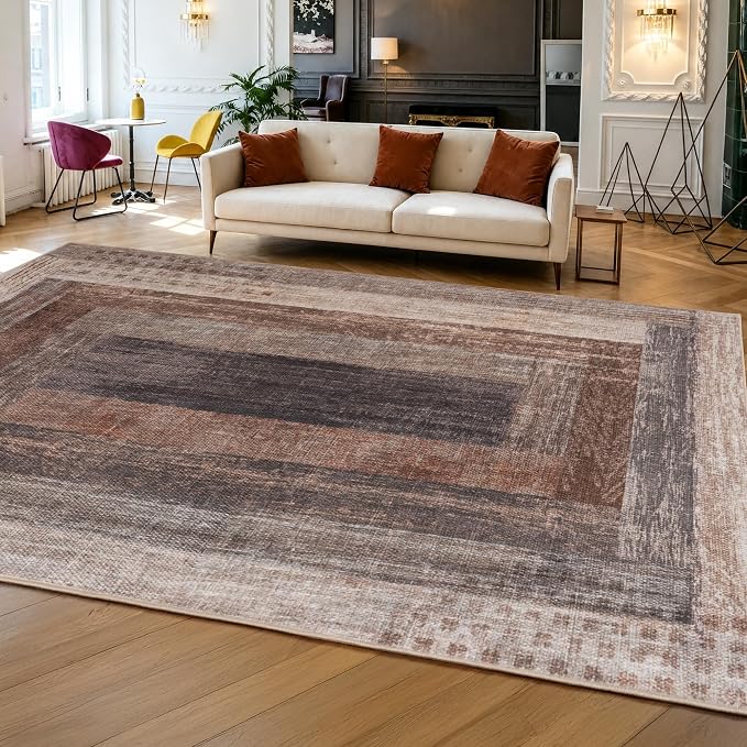 Neutral Geometric Beige 5x8 ft Large Rug for Living Room Bedroom | Contemporary Modern Area Rugs Vintage Non-Slip Soft Faux Wool Low Pile Indoor Carpet for Dining Room Office Home Decor
