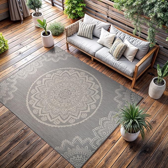 CAMILSON Outdoor Rug 8x10 Modern Area Rugs for Indoor and Outdoor Patios and Porches - Waterproof, Washable, Non-Shedding, Easy-to-Clean Outside Carpet (8 x 10, Medallion - Grey/White)