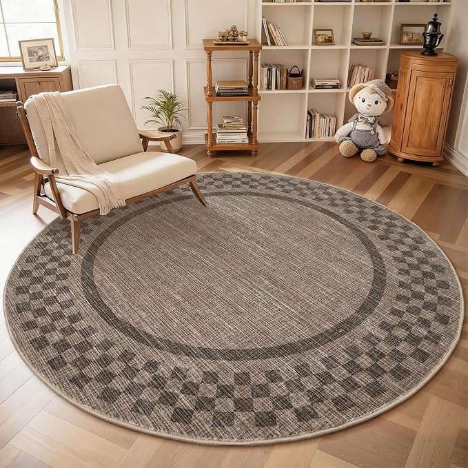 GarveeHome 6ft Washable Round Rug for Entryway Checkered Bedroom Circle Rug | Non Slip Soft Dining Room Throw Carpet Large Stain Resistant Border Round Rugs for Living Room Kitchen Bathroom, Brown