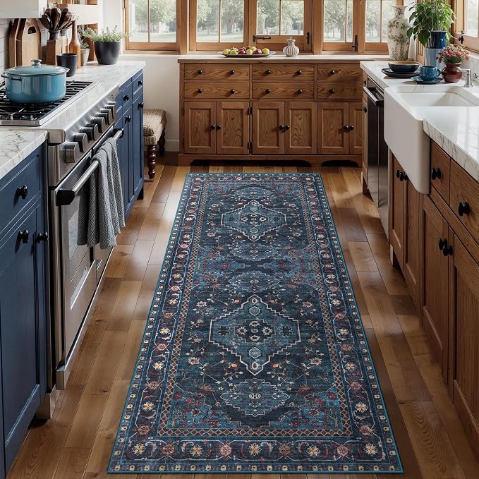 Tangsoo Vintage Blue 2x6 Washable Runner Rug for Hallways, Non Slip Hallway Rugs, Oriental Soft Low Pile Long Rug Carpet Runners for Kitchen Bedroom Entryway Bathroom Living Room Home Decor