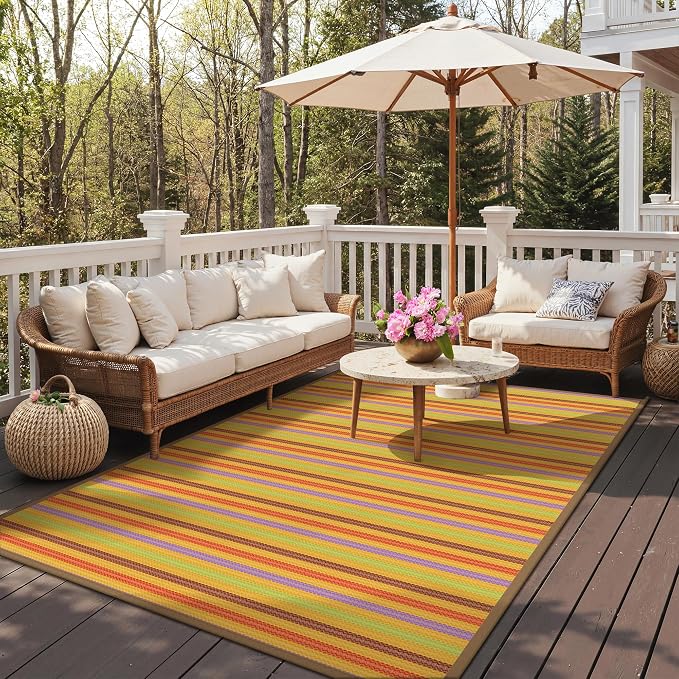 GENIMO Outdoor Rug for Patio Clearance, 8'x10' Reversible Plastic Straw Rugs, Lightweight Waterproof RV Camping Mat for Camper, Balcony, Deck, Backyard, Picnic, Rainbow