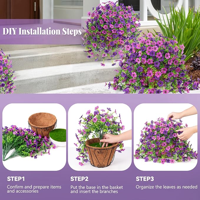 Ammyoo Artificial Fake Hanging Flowers Plants with Basket for Outdoor Spring Decoration, Faux Silk Daisy Flower Real Touch UV Resistant for Outside Porch Patio Garden Yard Home Decor(Purple Lotus)
