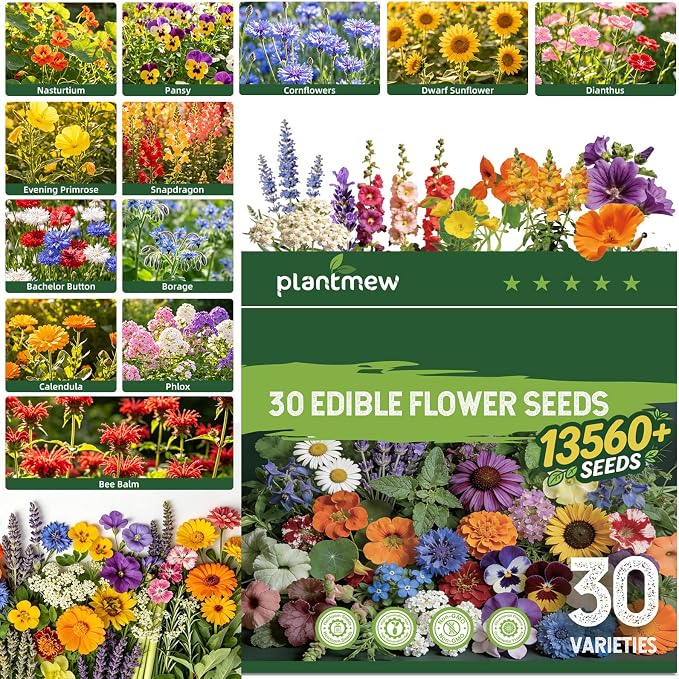 30 Edible Flower Seeds Variety Pack, 13500+ Premium Garden Seed Vault Kit, Pollinator Friendly, Indoor & Outdoor Year Round Planting, Nasturtium, Lavender, Borage, Calendula, Chamomile & More
