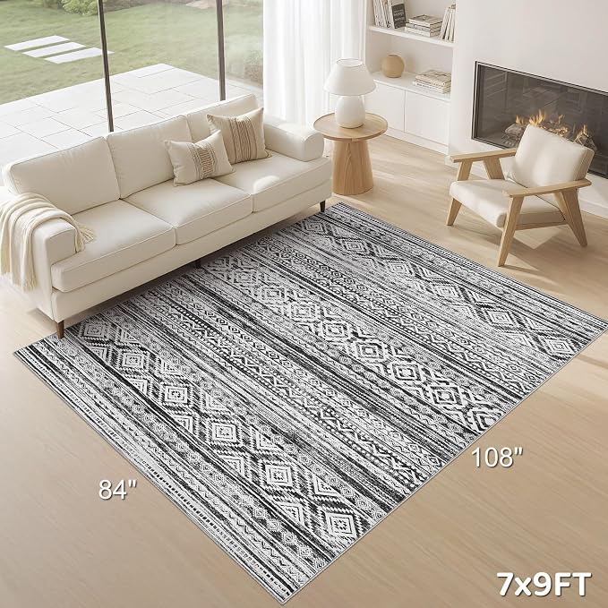 cotiled Boho 7x9 Area Rug for Living Room: Large Moroccan Washable Rug | Solve Modern Neutral Trendy Home Decor - Stain Resistan Indoor Carpet for Bedroom Farmhouse Dining Room White Black