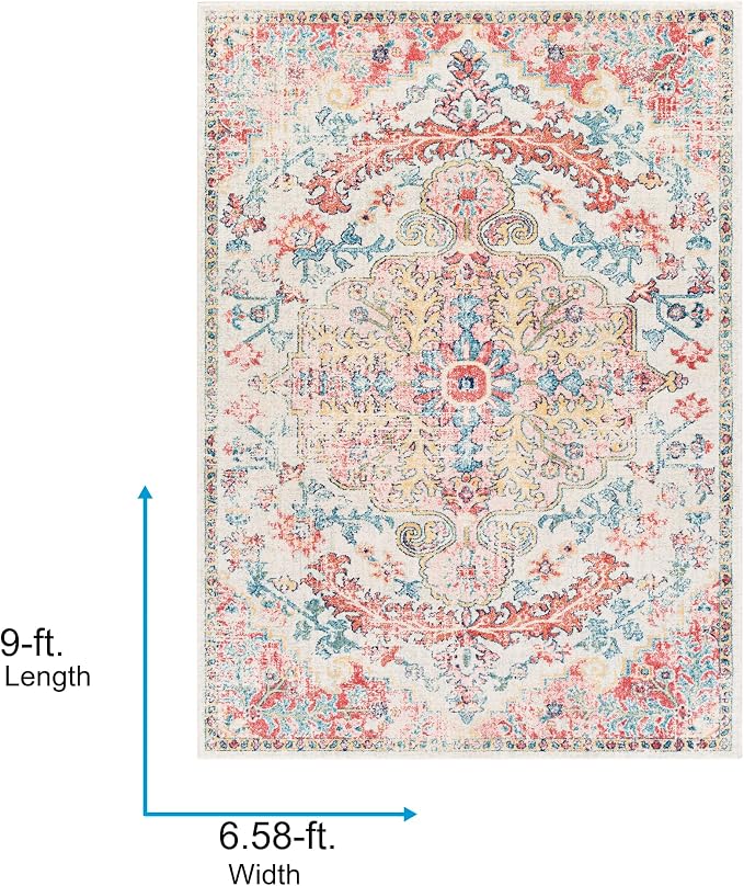 Livabliss Area Rugs - 7x9 Odelia Vintage Boho Red Off-White Blue Area Rug for Living Room Bedroom - Floral Medallion Stain Resistant Carpet for Kitchen, Nursery, Office (6'7" x 9')