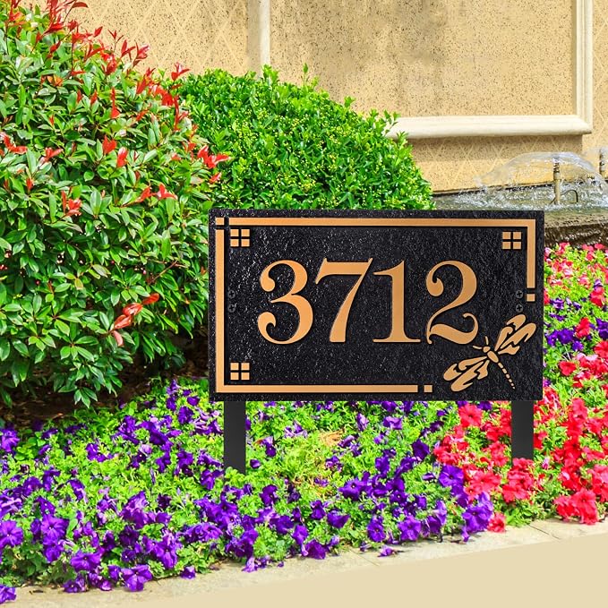 House Address Sign Address Plaque for Outside Custom Street Name Address Sign House Number with Lawn Stake (Coffee/Copper)