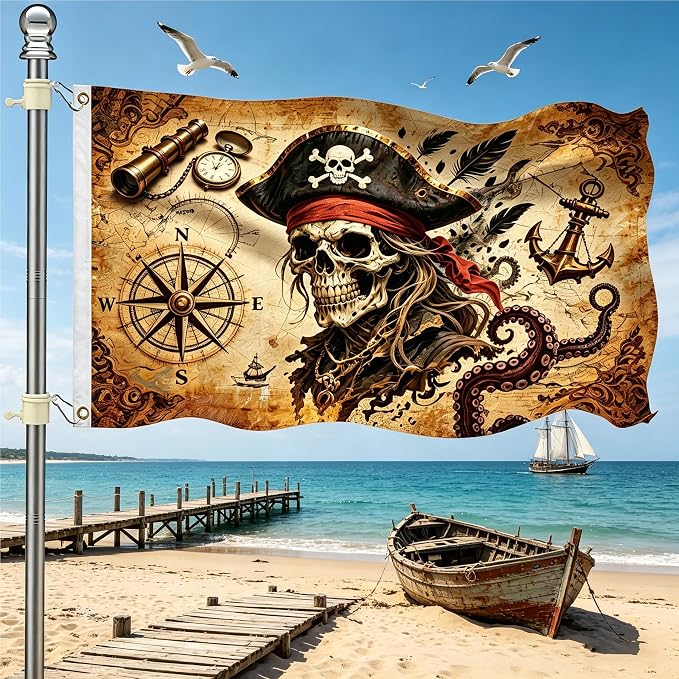 3x5ft Pirate Flag, Vintage Skull Pirate Flags for Outside, Double-Sided Printed Pirate Ship Decor Flag with 2 Grommets for Outdoor Yard, Party and Pirate Themed Decorations