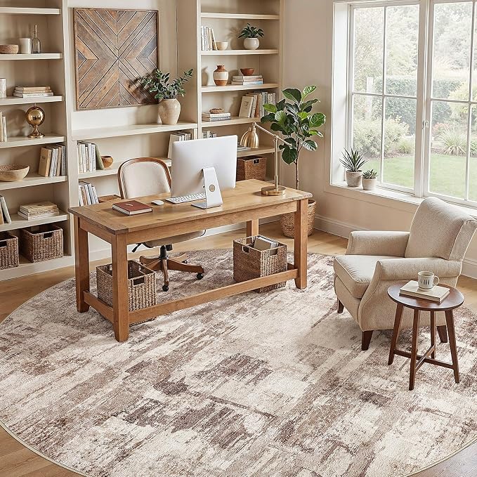 kakania Abstract 12x12 Round Rugs for Living Room: Circle Rugs 12FT Brown | Washable, Soft, Non-Slip, Low-Pile, Pet & Kid Friendly - Large Modern Home Decor Carpet for Bedroom/Dining Room/Nursery