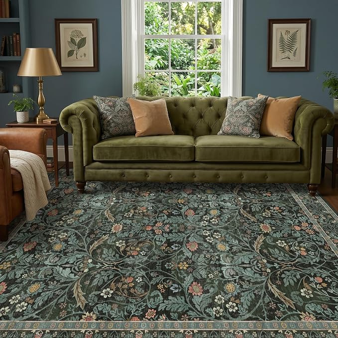 Dusty Teal Area Rug for Living Room, Floral Washable Rugs 5x7 for Bedroom, Dining Room, Classroom, Moody Home Office Décor, Low Pile Non Slip Mat Indoor, Forest Botanical Pattern Carpet(Dark Green)